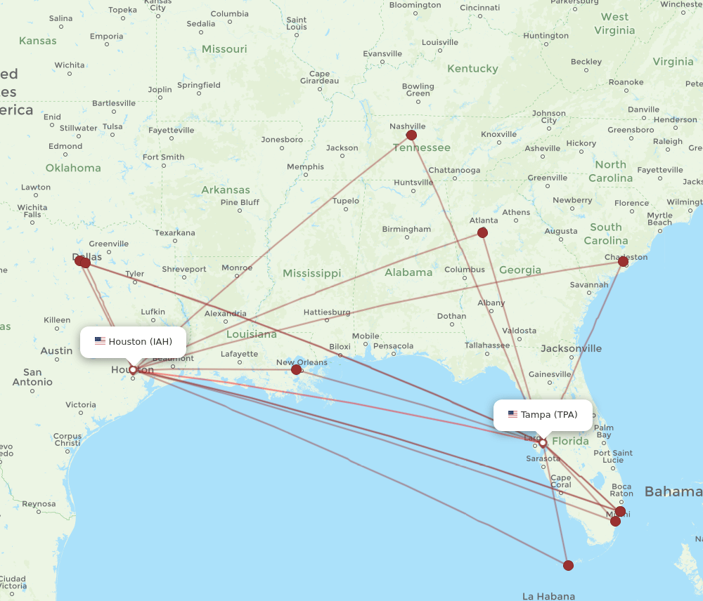 TPA to IAH flights and routes map
