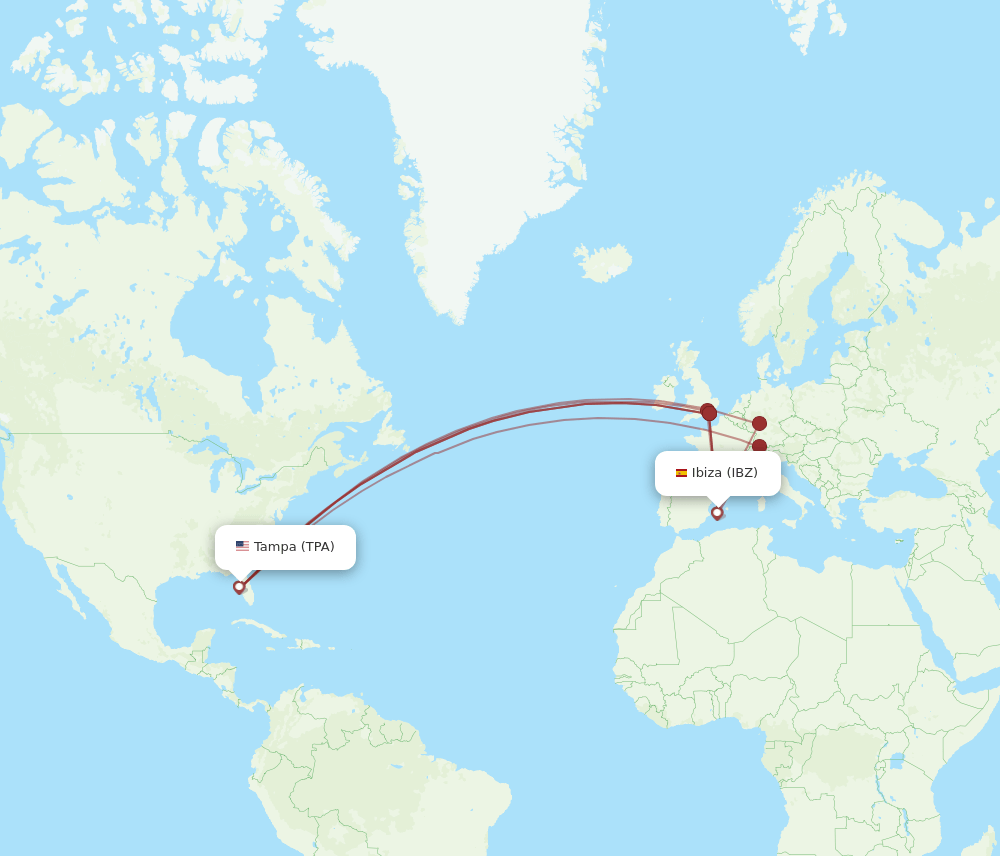 Ibiza - Tampa route map and flight paths