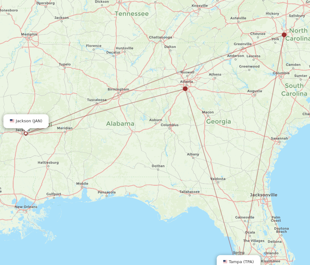 TPA to JAN flights and routes map