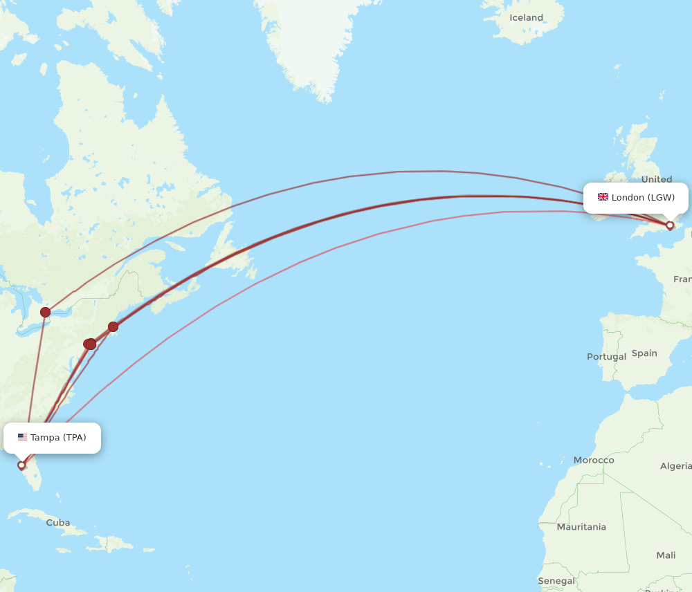 TPA to LGW flights and routes map