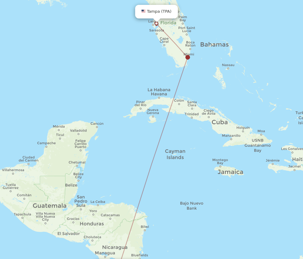 TPA to LIR flights and routes map