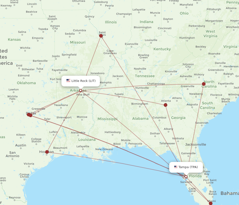 TPA to LIT flights and routes map