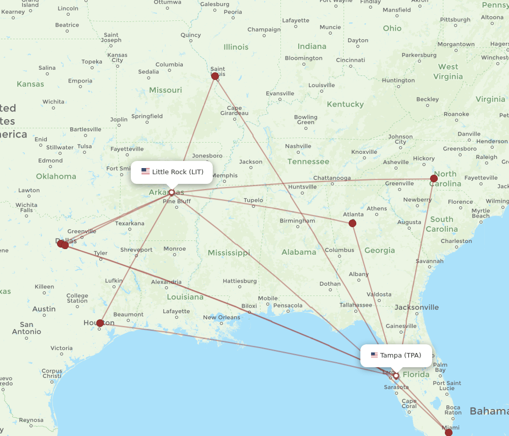 TPA to LIT flights and routes map