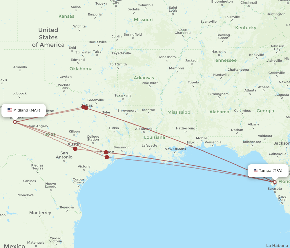 TPA to MAF flights and routes map