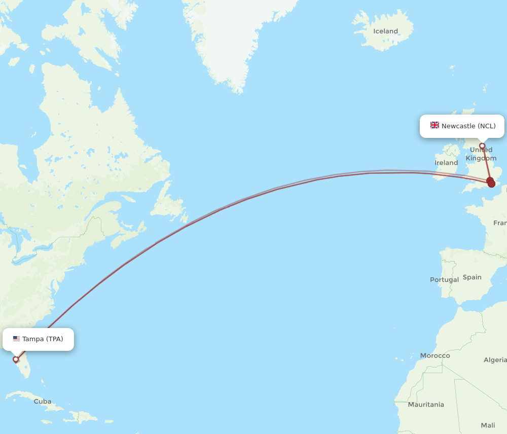 TPA to NCL flights and routes map