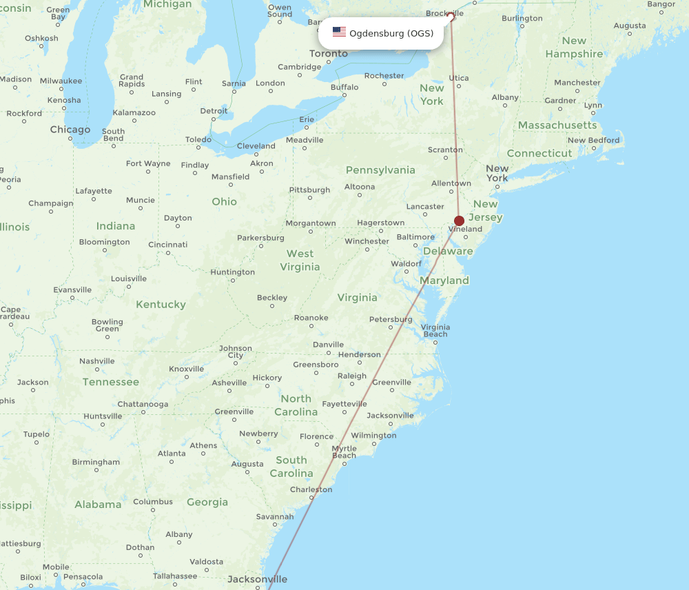 Tampa - Ogdensburg route map and flight paths