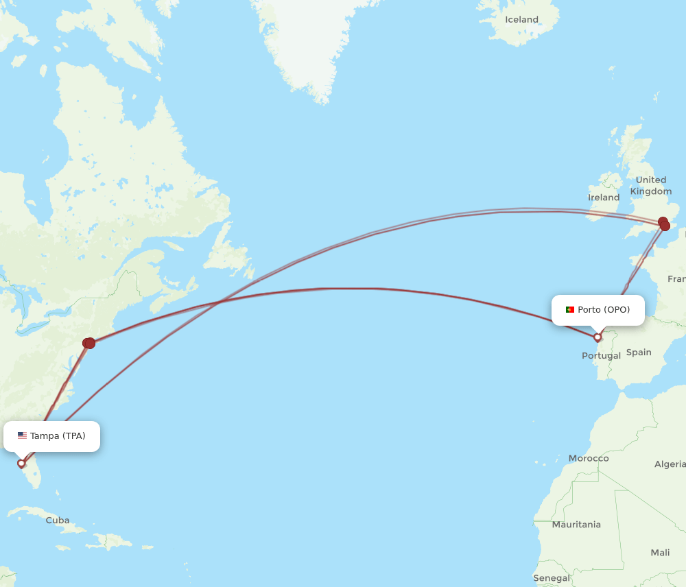 TPA to OPO flights and routes map
