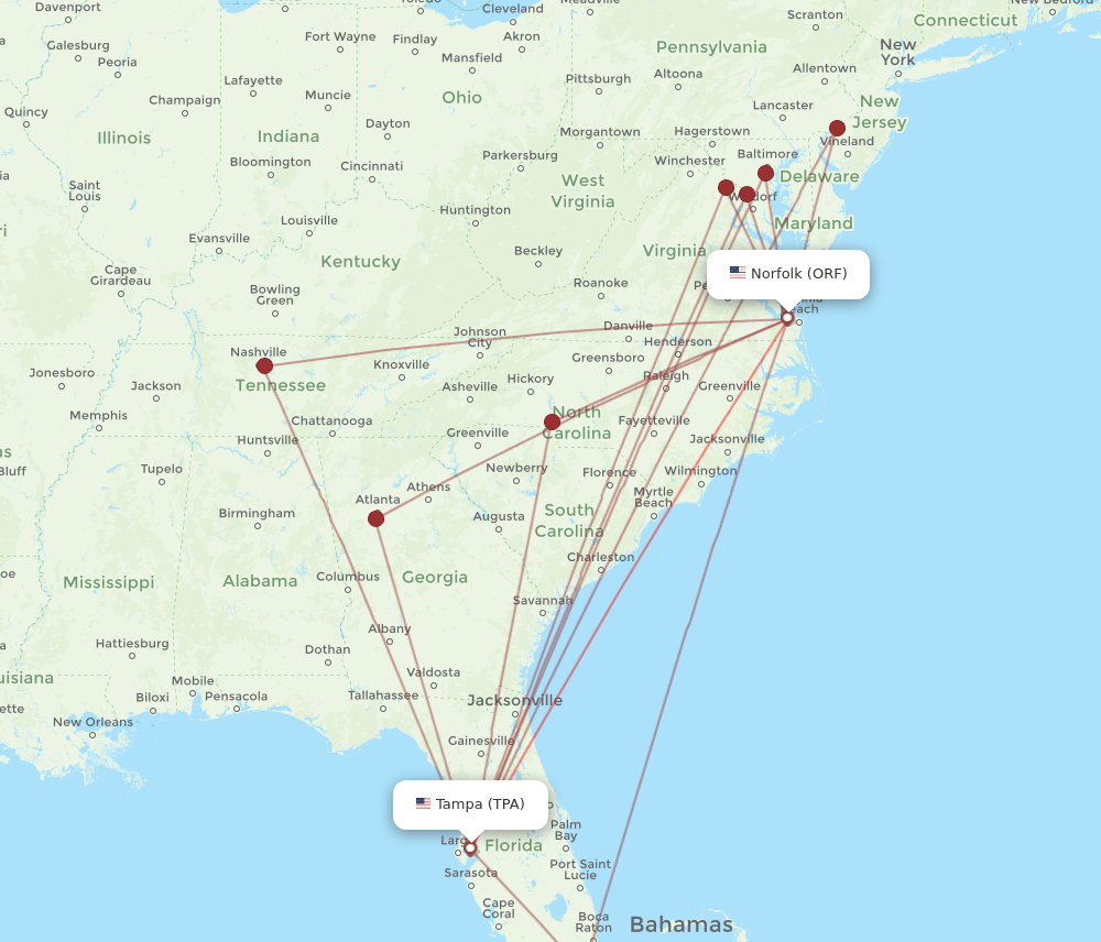TPA to ORF flights and routes map