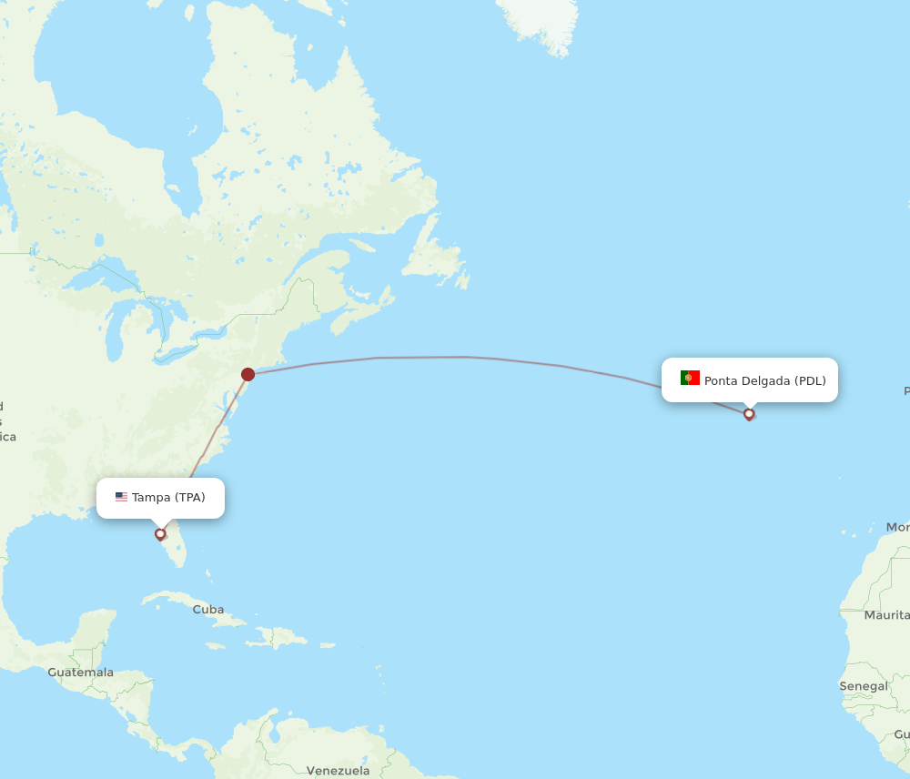 Ponta Delgada (Azores) - Tampa route map and flight paths