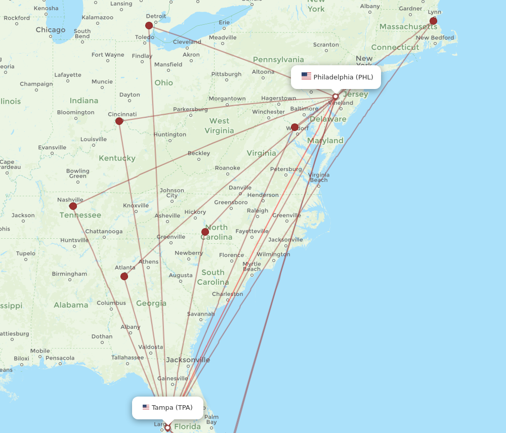 TPA to PHL flights and routes map