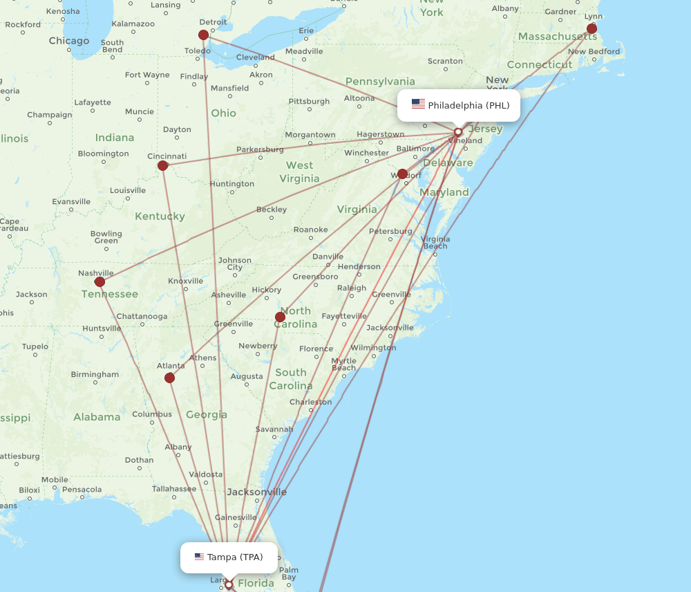 TPA-PHL flight routes