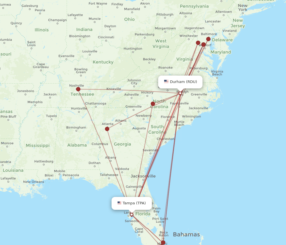 TPA to RDU flights and routes map