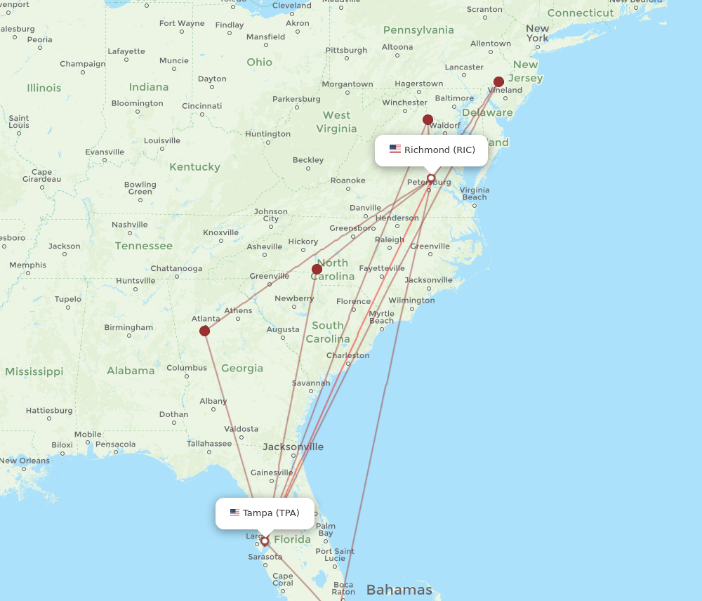 TPA to RIC flights and routes map