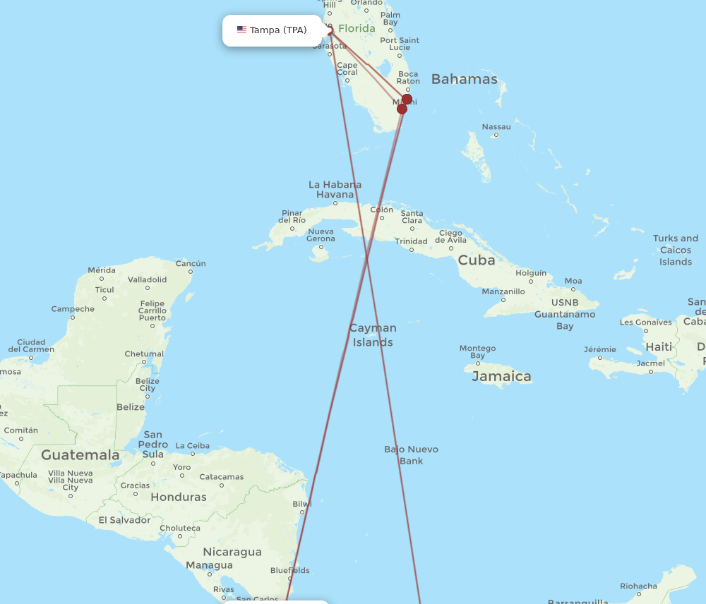 TPA-SJO flight routes