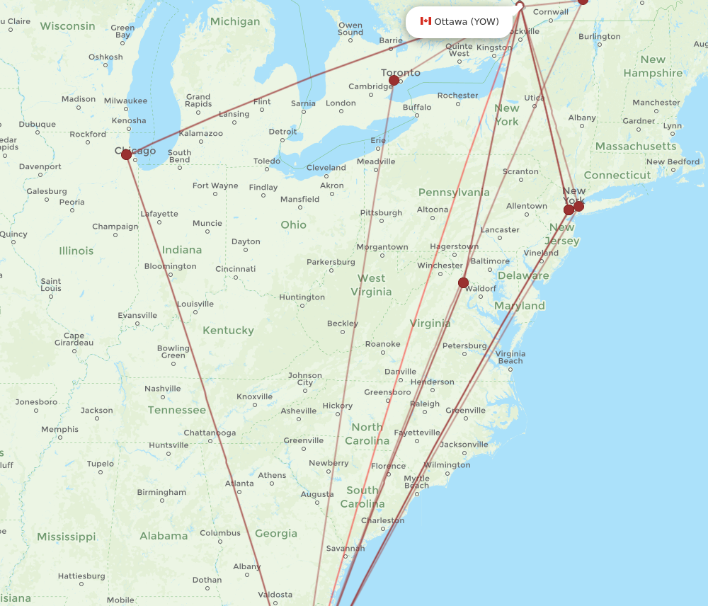 TPA to YOW flights and routes map