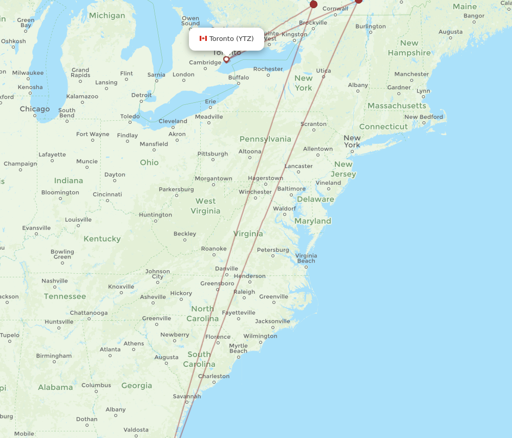 TPA to YTZ flights and routes map