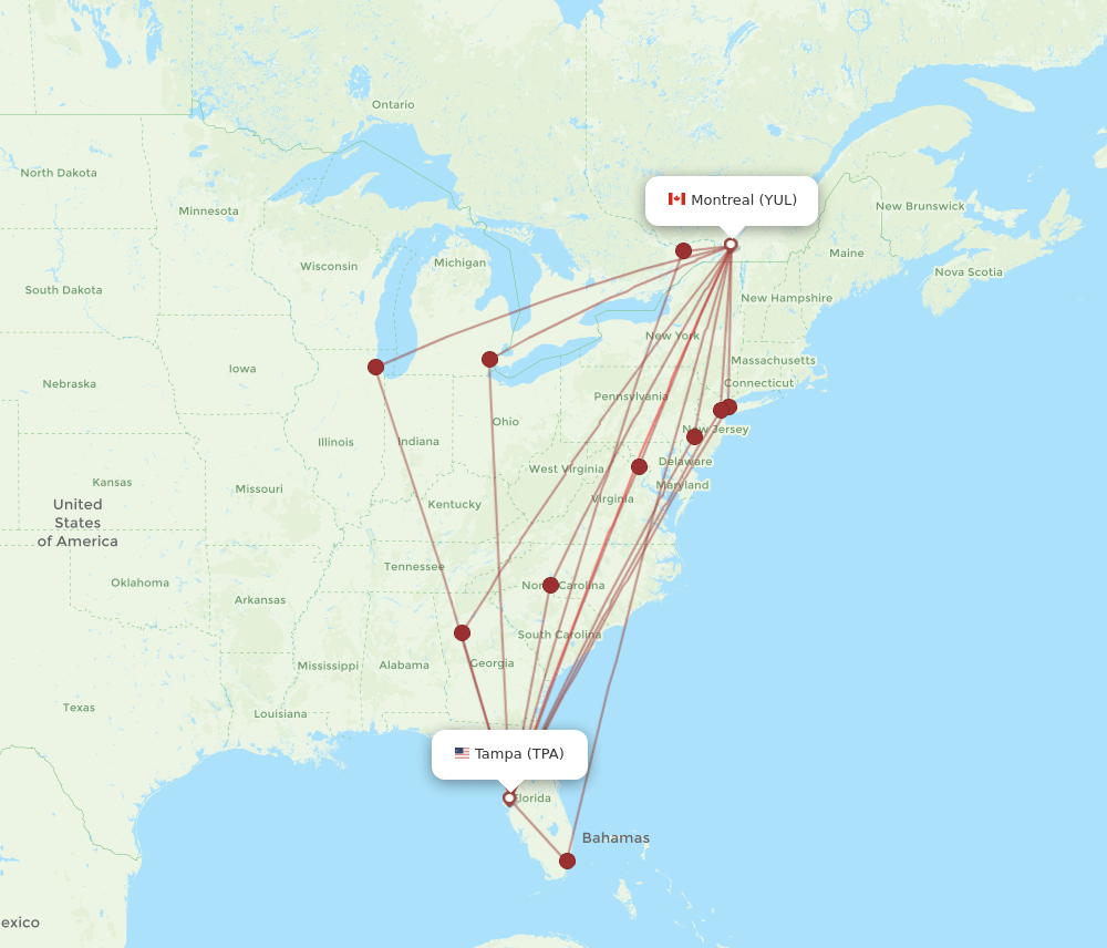 Montreal - Tampa route map and flight paths