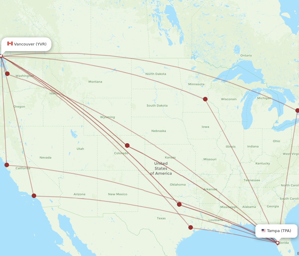 TPA to YVR flights and routes map