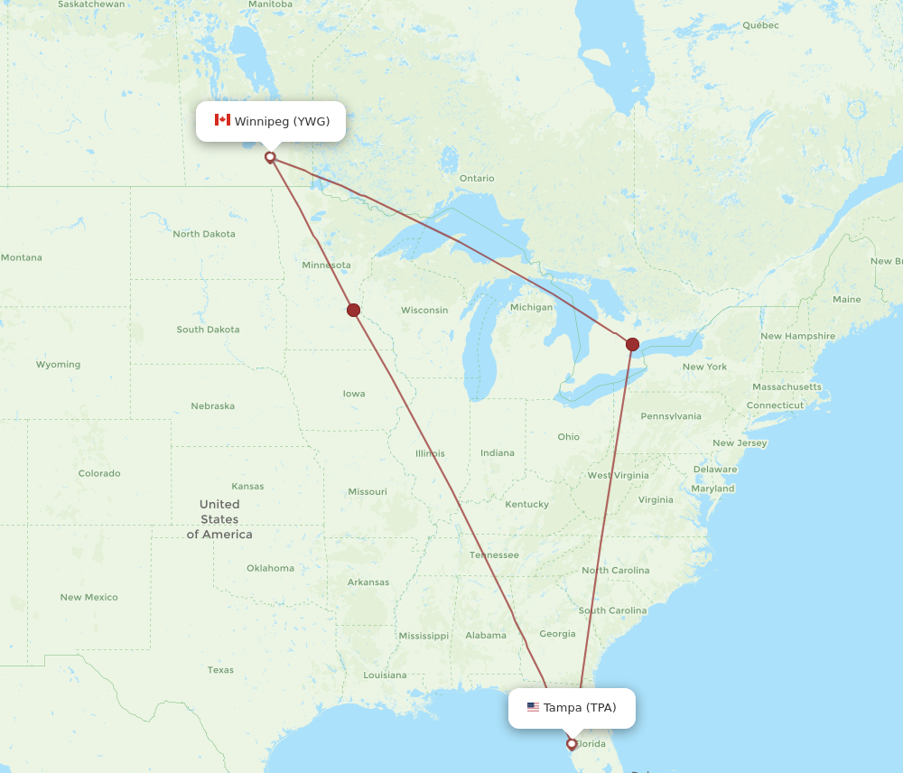 TPA to YWG flights and routes map