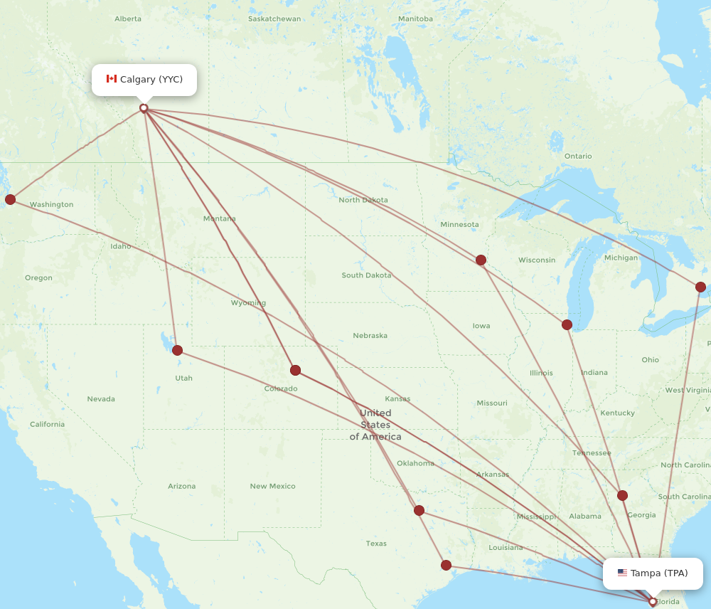 TPA to YYC flights and routes map