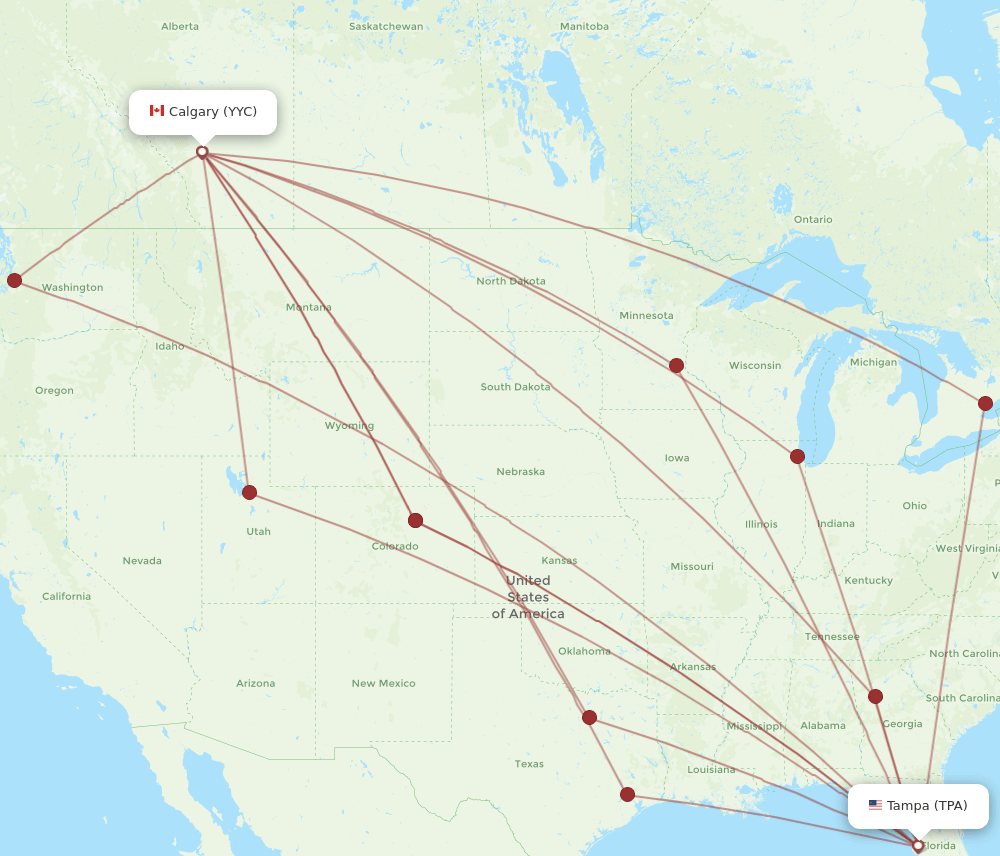 Calgary - Tampa route map and flight paths