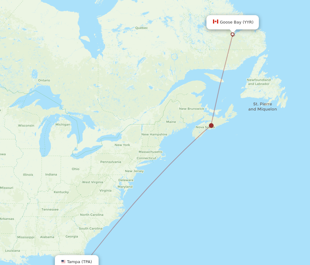 TPA-YYR flight routes