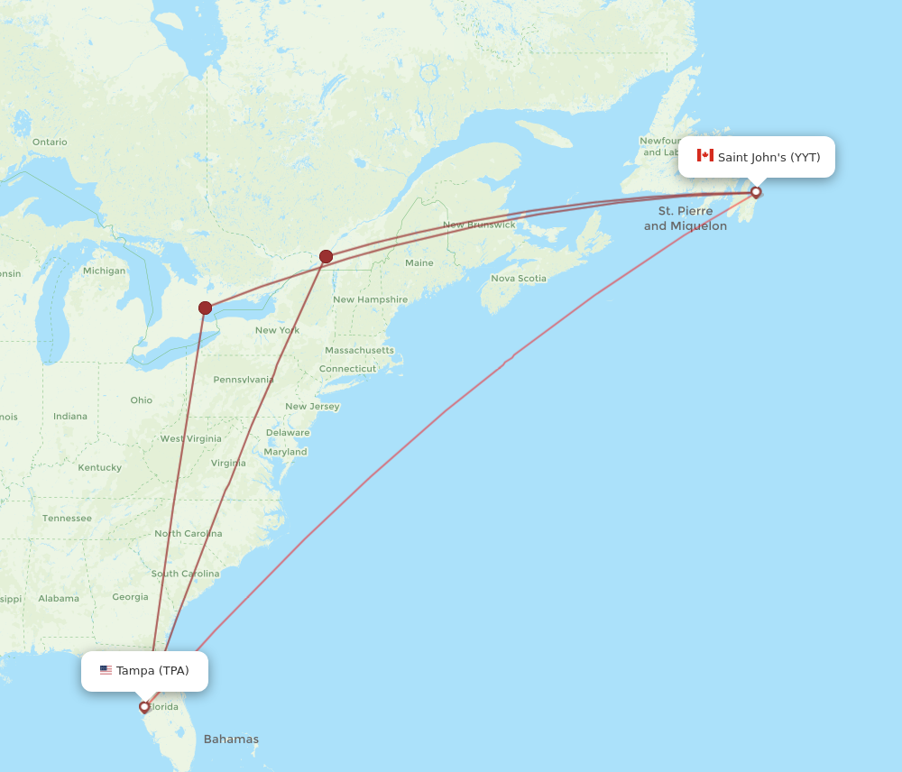 TPA to YYT flights and routes map