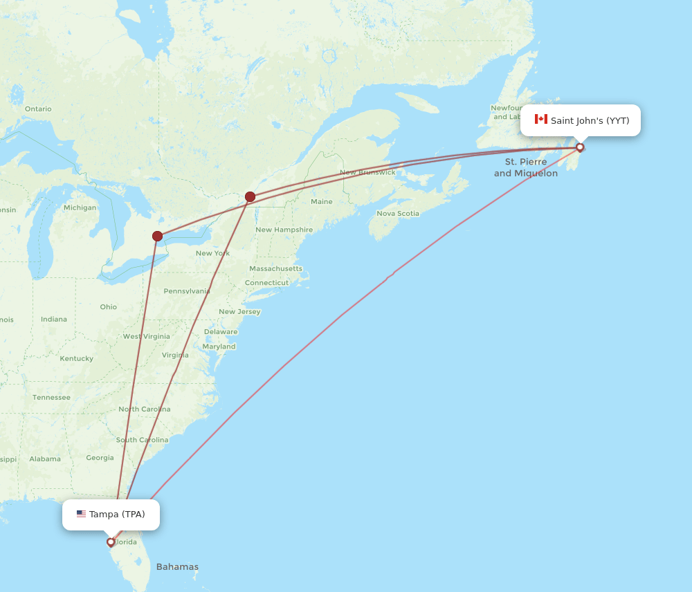 TPA-YYT flight routes