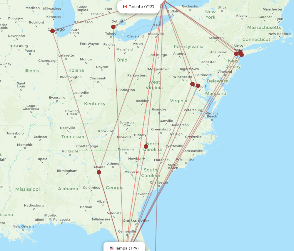 TPA to YYZ flights and routes map
