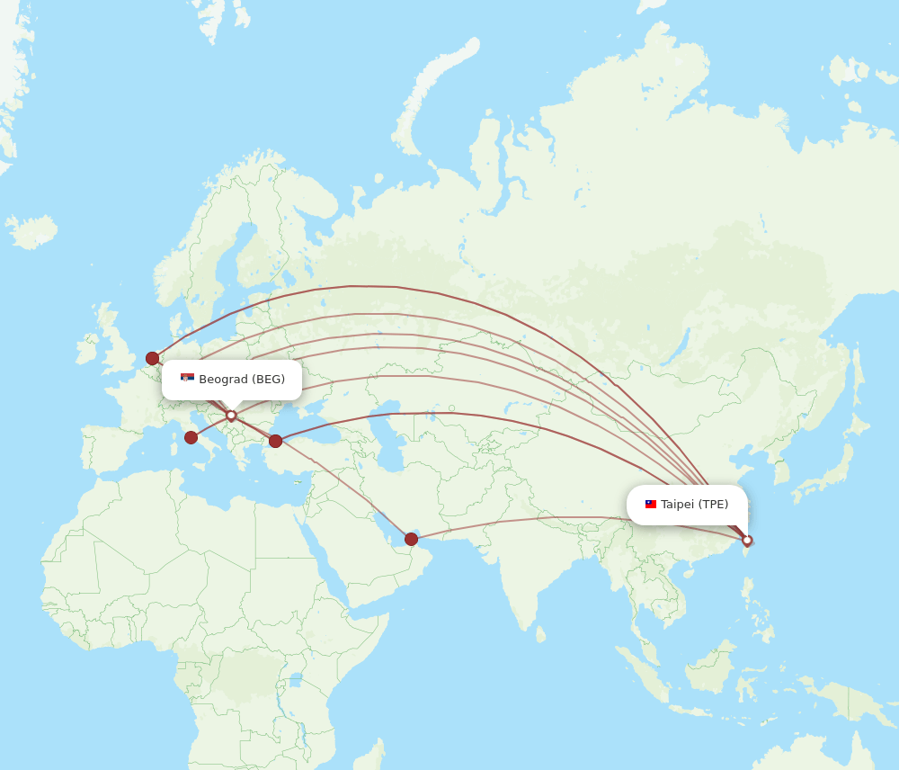 TPE to BEG flights and routes map