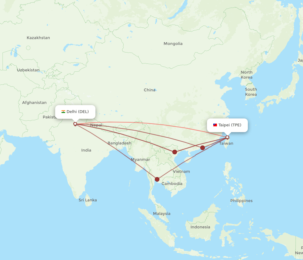 TPE to DEL flights and routes map