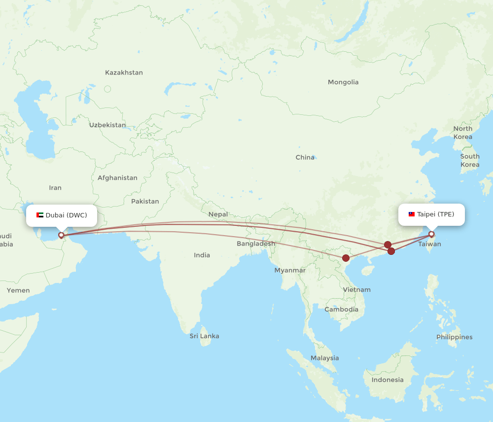 Taipei - Dubai route map and flight paths