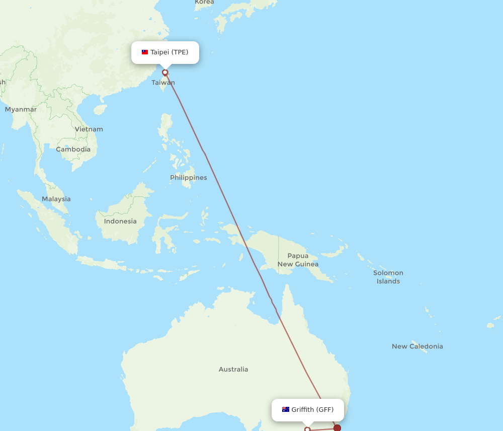 Taipei - Griffith route map and flight paths