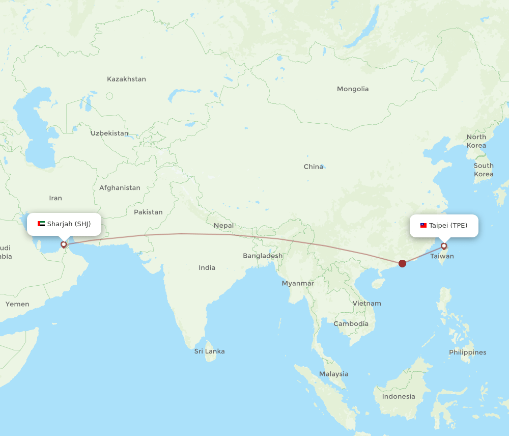 Taipei - Sharjah route map and flight paths