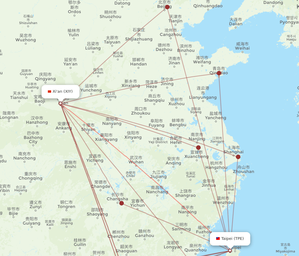TPE to XIY flights and routes map