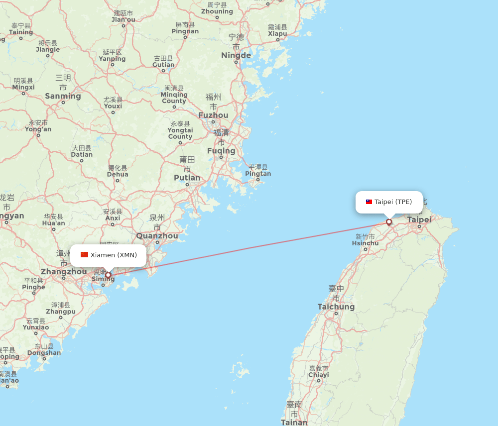 Taipei - Xiamen route map and flight paths