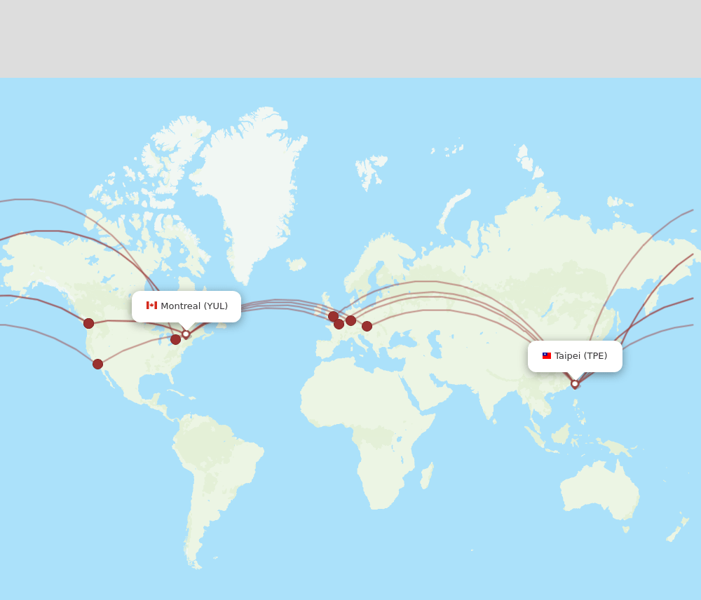 Montreal - Taipei route map and flight paths