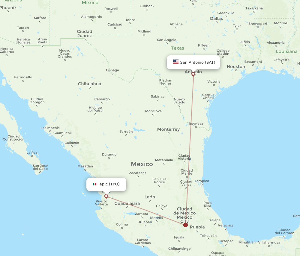 Tepic - San Antonio route map and flight paths