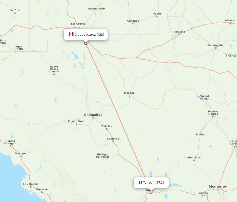 Torreon - Ciudad Juarez route map and flight paths