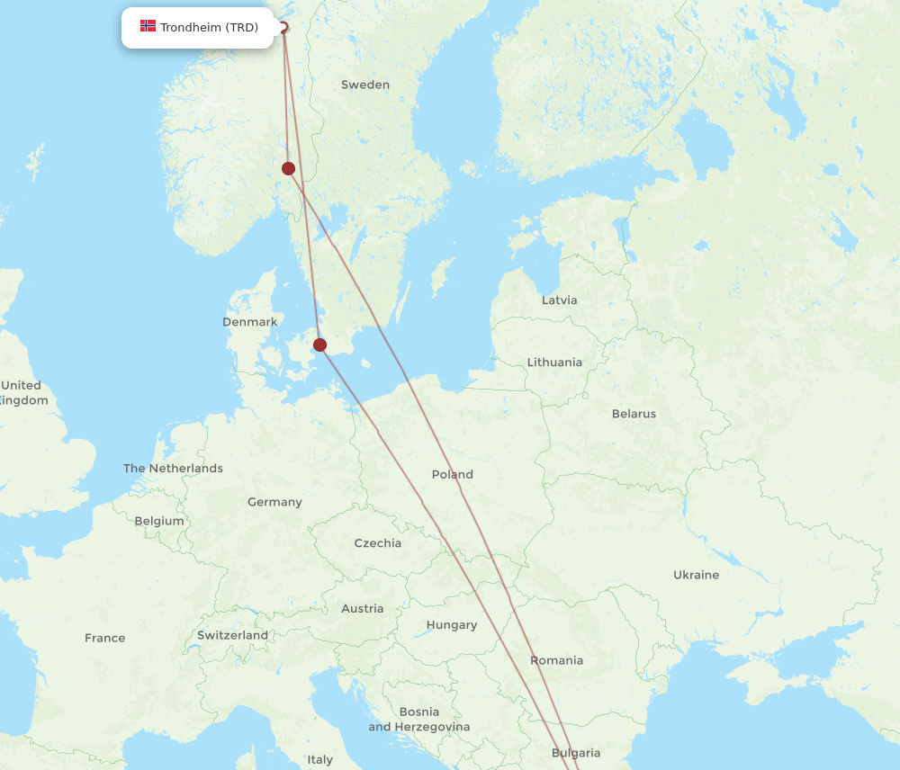 Izmir - Trondheim route map and flight paths