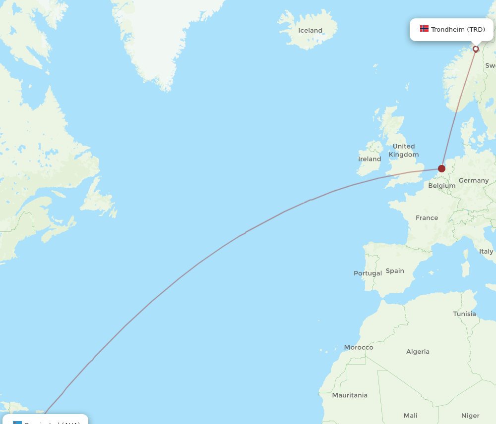 TRD-AUA flight routes