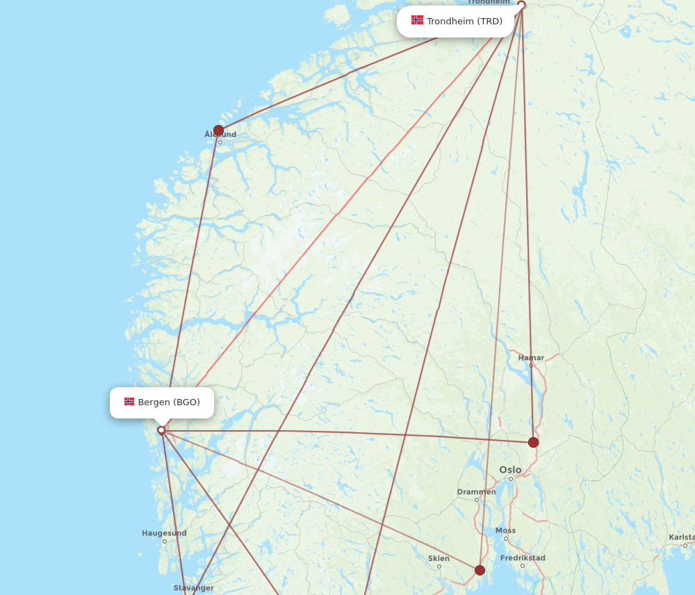 TRD to BGO flights and routes map