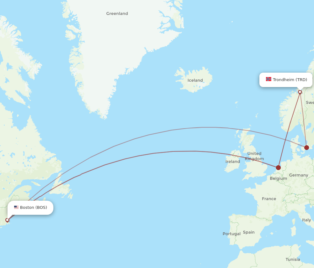 TRD to BOS flights and routes map