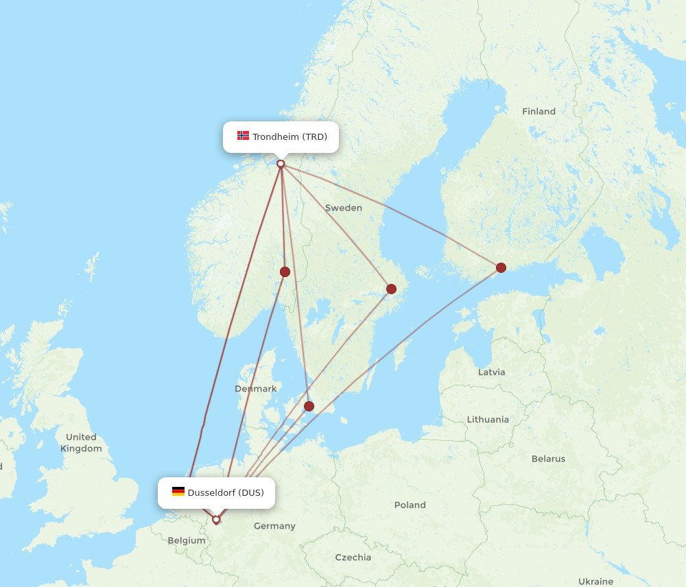 TRD to DUS flights and routes map