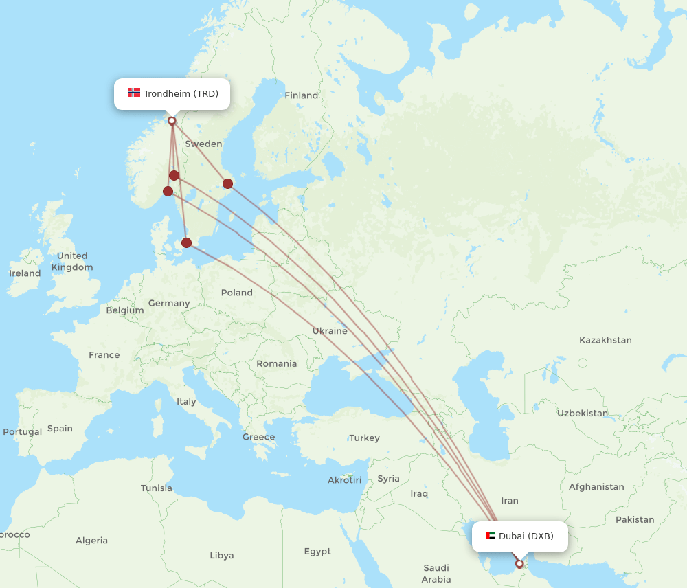TRD to DXB flights and routes map
