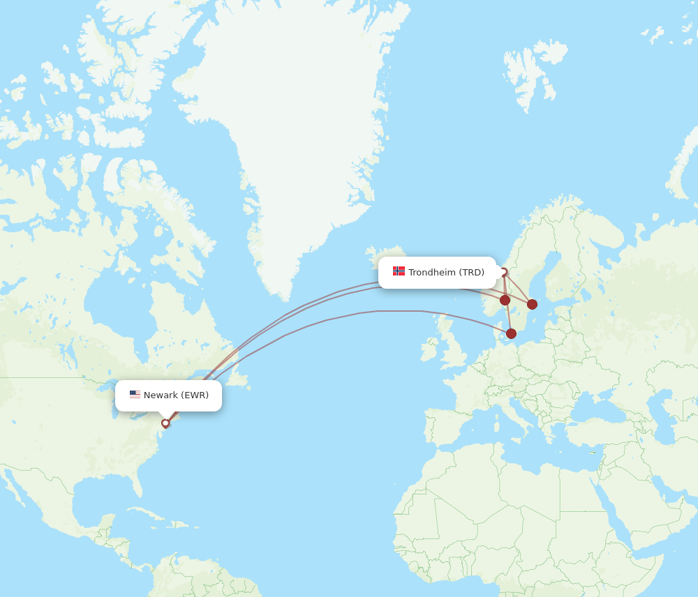 TRD to EWR flights and routes map