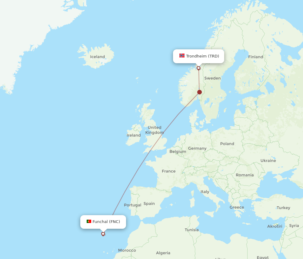 Funchal - Trondheim route map and flight paths