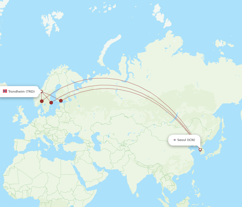 Seoul - Trondheim route map and flight paths
