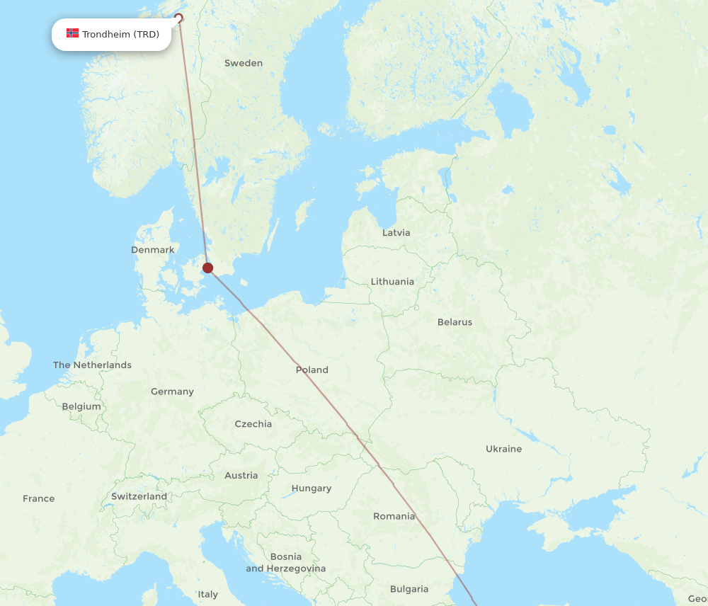 Konya - Trondheim route map and flight paths