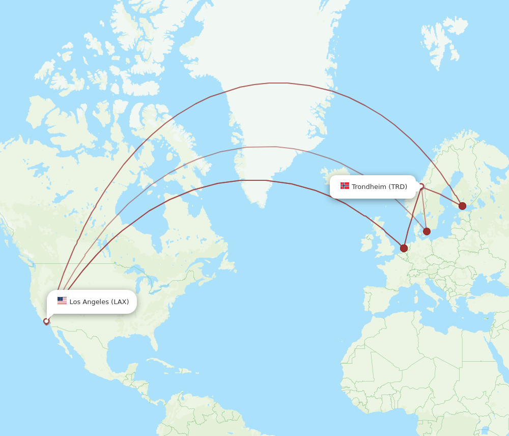 TRD to LAX flights and routes map